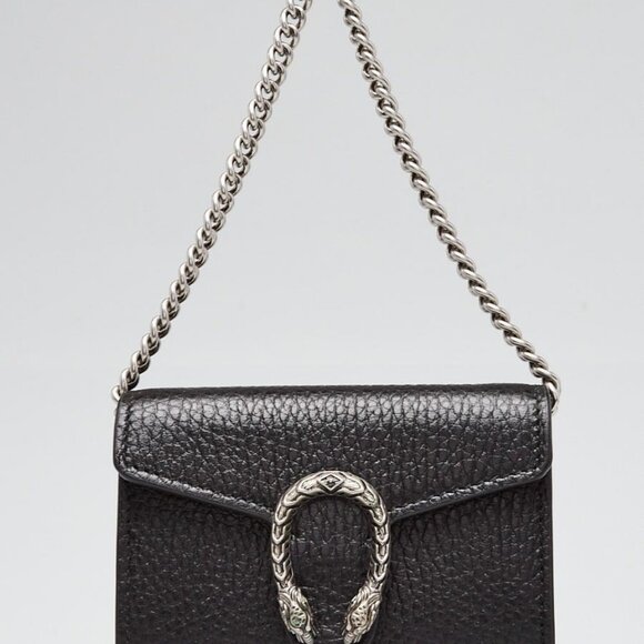 Gucci Black Pebbled Leather Dionysus Mini Card Holder On Chain Wallet - Picture 1 of 9